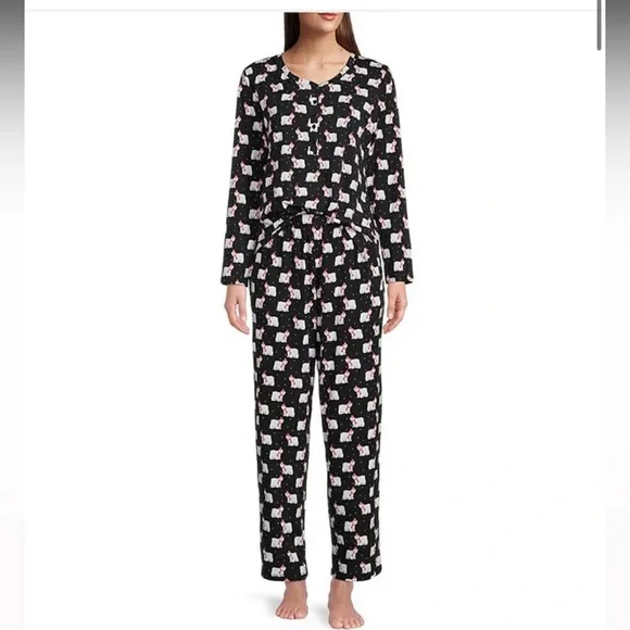 Sleep Sense Long Sleeve Henley Polar Bear Print Holiday Pajama Set Women L BLACK - Picture 1 of 5